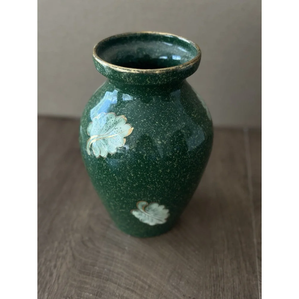 Vintage Italian Majolica Ceramic Vase Mottled Green Gold Leaf Mid Century